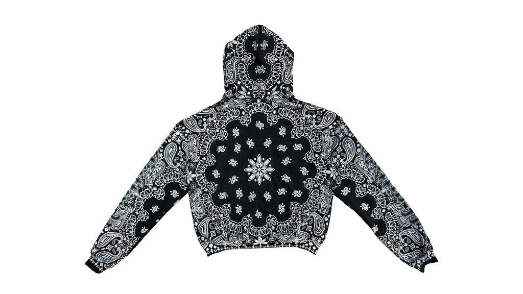 Black and white paisley-patterned CuttinUp jacket on a white background
