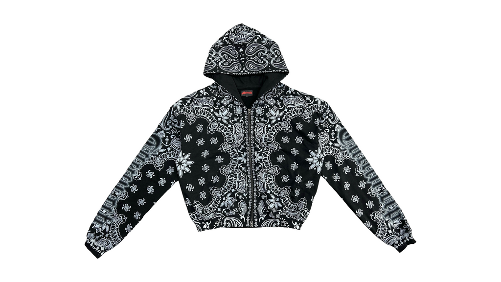 Black and white paisley CuttinUp jacket on a white background