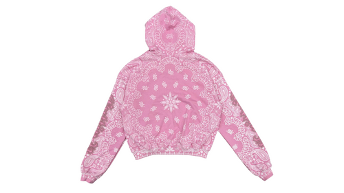 Back of Pink CuttinUp Jacket with paisley  pattern on a white background