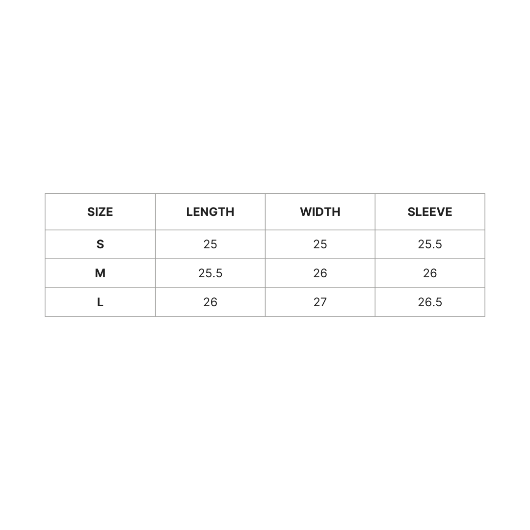 Measurement chart for clothing size S, M, and L with dimensions in length, width, and sleeve.